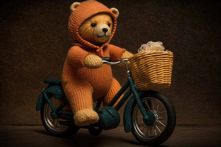 bear doll on bike, with basket and helmet, created with generative aiの素材
