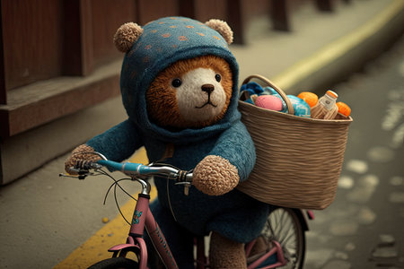 bear doll on bike, with basket and helmet, created with generative aiの素材