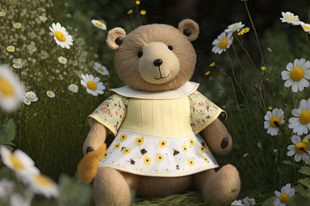 bear doll in summer dress, with daisies and bumblebees, created with generative aiの素材