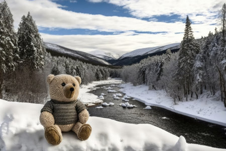 bear doll in snow-covered forest, with a view of the mountains, created with generative aiの素材