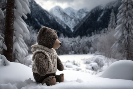 bear doll in snow-covered forest, with a view of the mountains, created with generative aiの素材