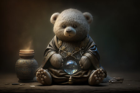 bear doll, sitting cross-legged in meditation pose, with crystal ball and incense nearby, created with generative aiの素材