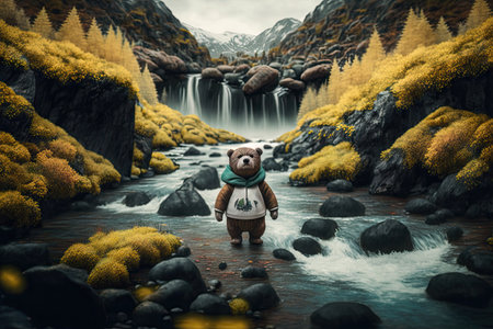 bear doll walking through fantastical landscape of mountains, forests, and rivers, created with generative aiの素材