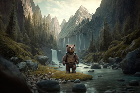 bear doll walking through fantastical landscape of mountains, forests, and rivers, created with generative aiの素材
