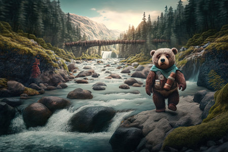 bear doll walking through fantastical landscape of mountains, forests, and rivers, created with generative aiの素材