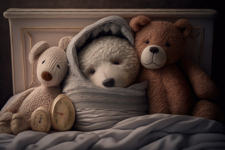 bear doll in cozy bed, with teddy bear and stuffed animal friends, created with generative aiの素材