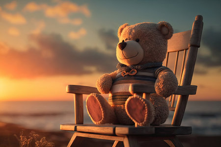 happy bear doll, sitting on rocking chair, with view of sunset, created with generative aiの素材