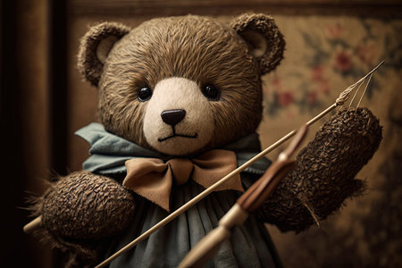 bear doll with matching bow and arrow in its arms, created with generative aiの素材