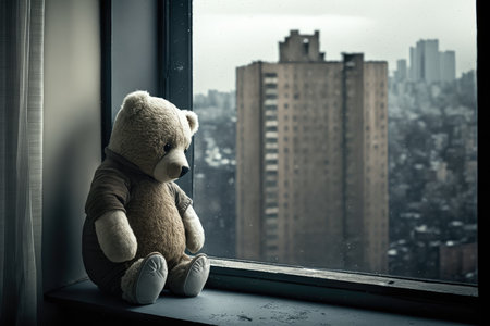 bear doll, on window sill, looking out over cityscape, created with generative aiの素材