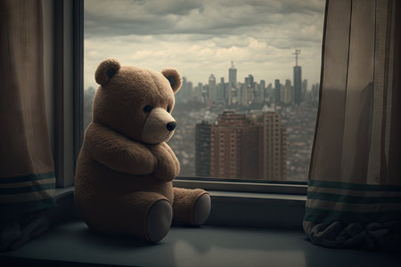 bear doll, sitting on a chair by the window, with a view of the city, created with generative aiの素材