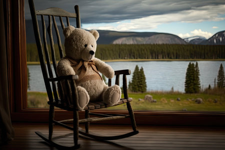 bear doll sitting in rocking chair, with view of tranquil lake, created with generative aiの素材