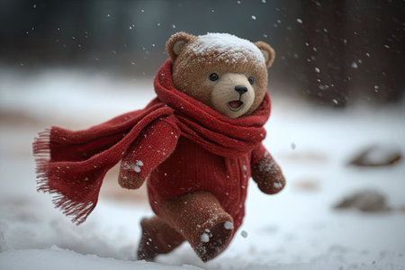 bear doll with a red scarf, running through the snow, created with generative aiの素材