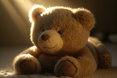 bear doll lying in sunbeam, with its fur shining, created with generative aiの素材