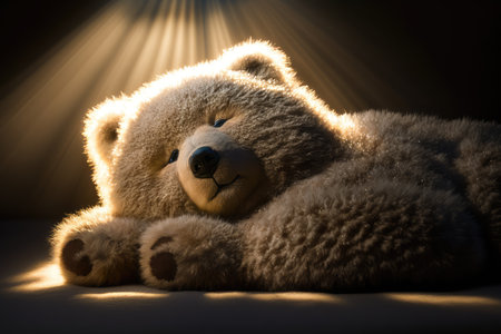 bear doll lying in sunbeam, with its fur shining, created with generative aiの素材