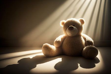 bear doll lying in sunbeam, with its fur shining, created with generative aiの素材
