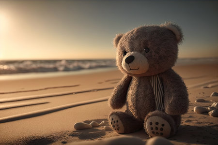 bear doll on the beach, with the sun shining down, created with generative aiの素材