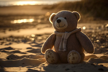 bear doll on the beach, with the sun shining down, created with generative aiの素材
