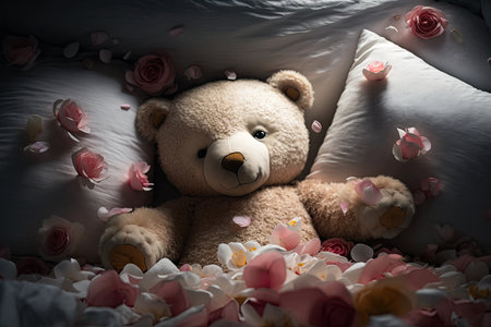 bear doll lying on bed of plush pillows, surrounded by rose petals, created with generative aiの素材