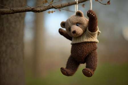 bear doll, hanging from a tree branch by its foot, created with generative aiの素材