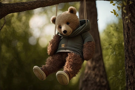 bear doll, hanging from a tree branch by its foot, created with generative aiの素材