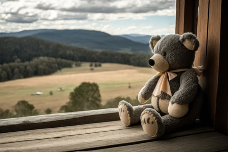 bear doll, sitting on the porch of rustic cabin with view of rolling hills and mountains, created with generative aiの素材
