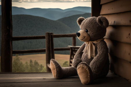 bear doll, sitting on the porch of rustic cabin with view of rolling hills and mountains, created with generative aiの素材