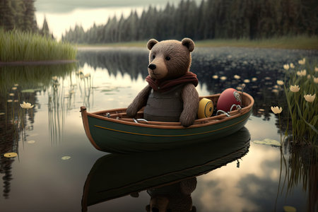 bear doll on boat, surrounded by tranquil water, created with generative aiの素材