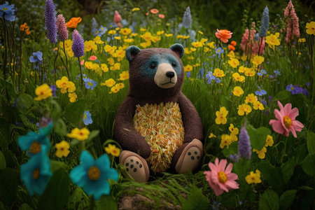 bear doll in field of flowers, surrounded by colorful blooms, created with generative aiの素材