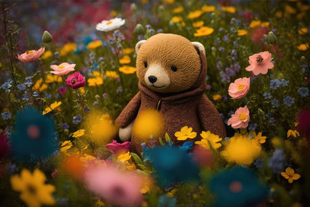 bear doll in field of flowers, surrounded by colorful blooms, created with generative aiの素材