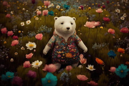 bear doll in field of flowers, surrounded by colorful blooms, created with generative aiの素材
