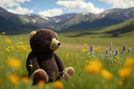 bear doll, sitting in meadow full of wildflowers, with a mountain range in the background, created with generative aiの素材