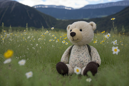bear doll, sitting in meadow full of wildflowers, with a mountain range in the background, created with generative aiの素材