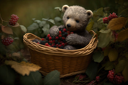 bear doll sitting in basket of freshly picked berries, created with generative aiの素材