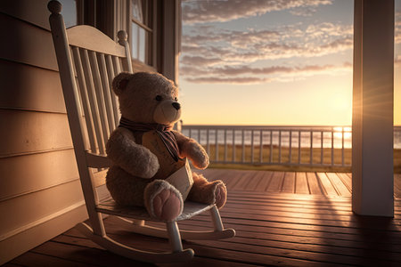 bear doll sitting in rocking chair on porch, with view of the sunset, created with generative aiの素材