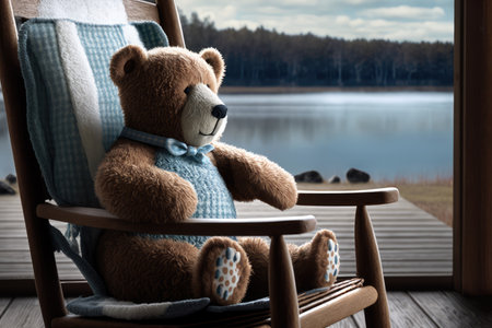 bear doll sitting in rocking chair, with view of tranquil lake, created with generative aiの素材
