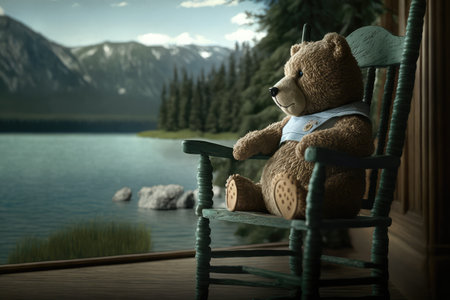 bear doll sitting in rocking chair, with view of tranquil lake, created with generative aiの素材