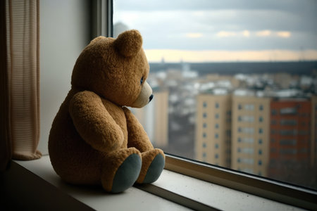 bear doll on windowsill, looking out over the city, created with generative aiの素材