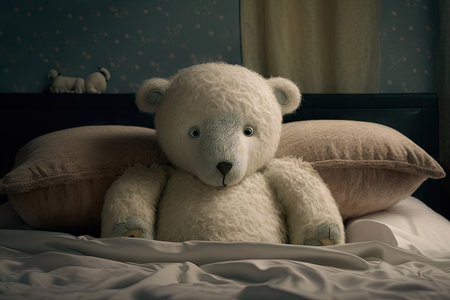 bear doll lying on plush bed, with its head and shoulders propped up by fluffy pillows, created with generative aiの素材