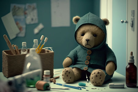 bear doll in doctors office, with bandages and medical instruments nearby, created with generative aiの素材