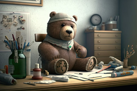 bear doll in doctors office, with bandages and medical instruments nearby, created with generative aiの素材