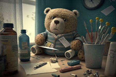 bear doll in doctors office, with bandages and medical instruments nearby, created with generative aiの素材