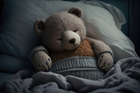 bear doll lying in bed, with its eyes closed and arms folded across its chest, created with generative aiの素材