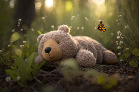 bear doll lying on a sun-dappled forest floor, with insects buzzing in the background, created with generative aiの素材