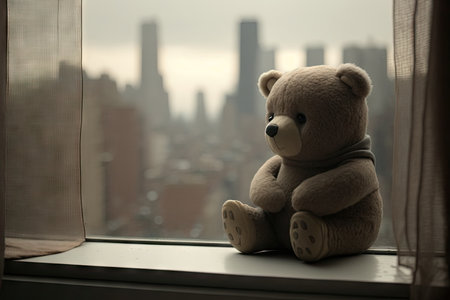 bear doll on window sill, with view of the cityscape visible behind, created with generative aiの素材