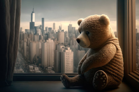 bear doll on window sill, with view of the cityscape visible behind, created with generative aiの素材