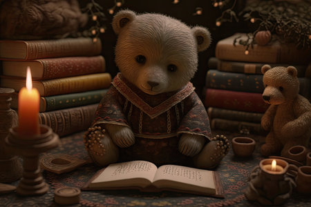 bear doll, surrounded by books and candles, in enchanted forest setting, created with generative aiの素材