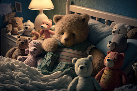 bear doll in warm and cozy bedroom, surrounded by stuffed animals, created with generative aiの素材