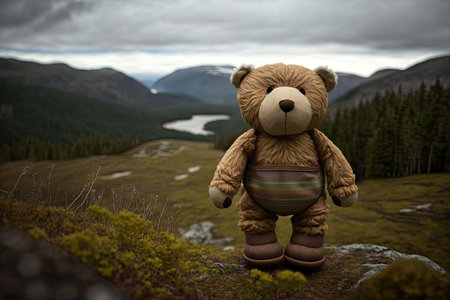 bear doll in wild and untouched forest, with a view of the mountains in the background, created with generative aiの素材
