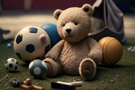 bear doll playing with ball in playground, surrounded by other dolls and toys, created with generative aiの素材