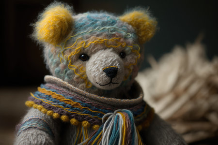 handmade bear doll constructed of delicate and colorful yarns, created with generative aiの素材